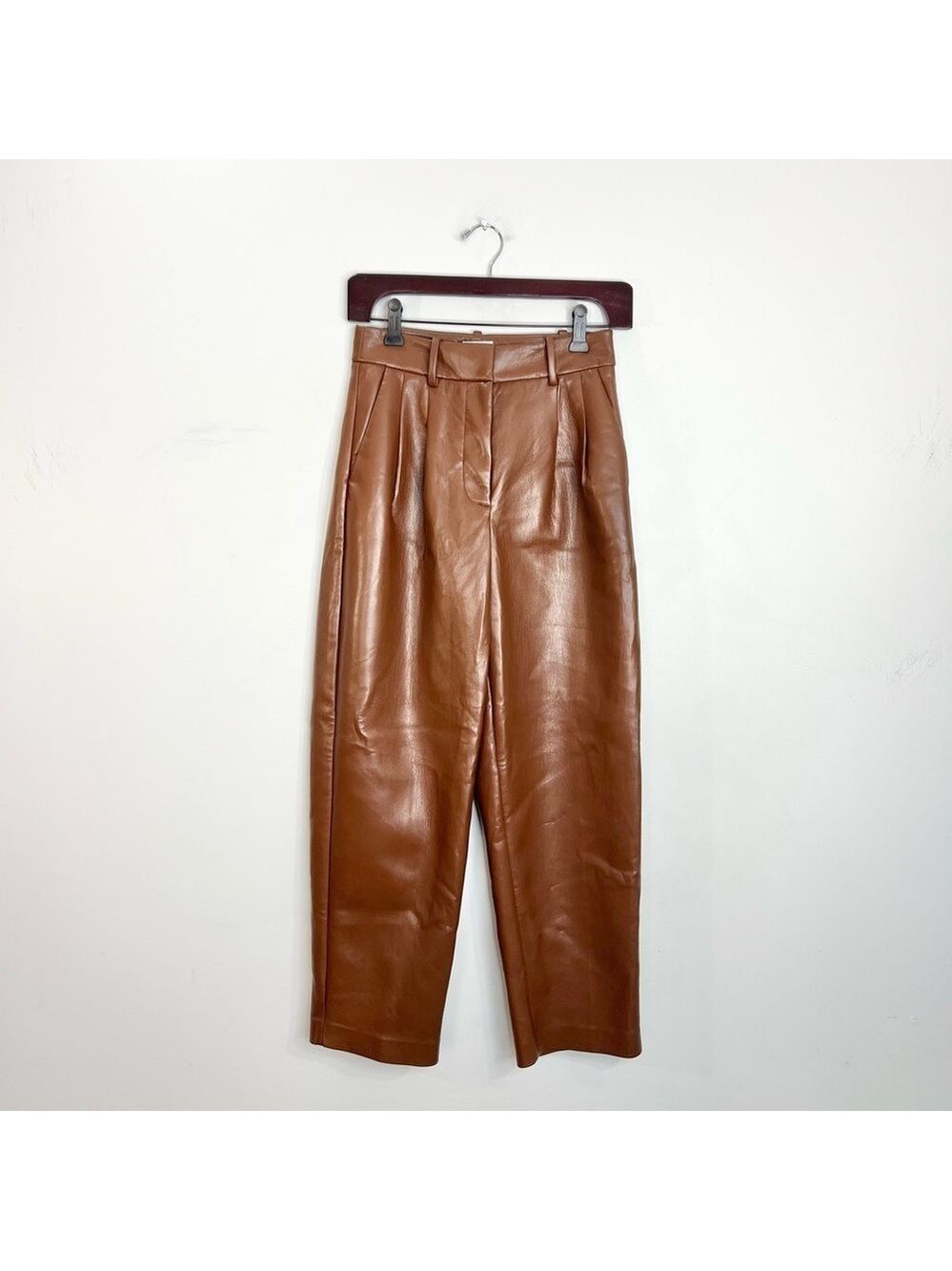 Aritzia Wilfred warm cognac pleated faux leather high rise CARROT pants 0 - Picture 4 of 14